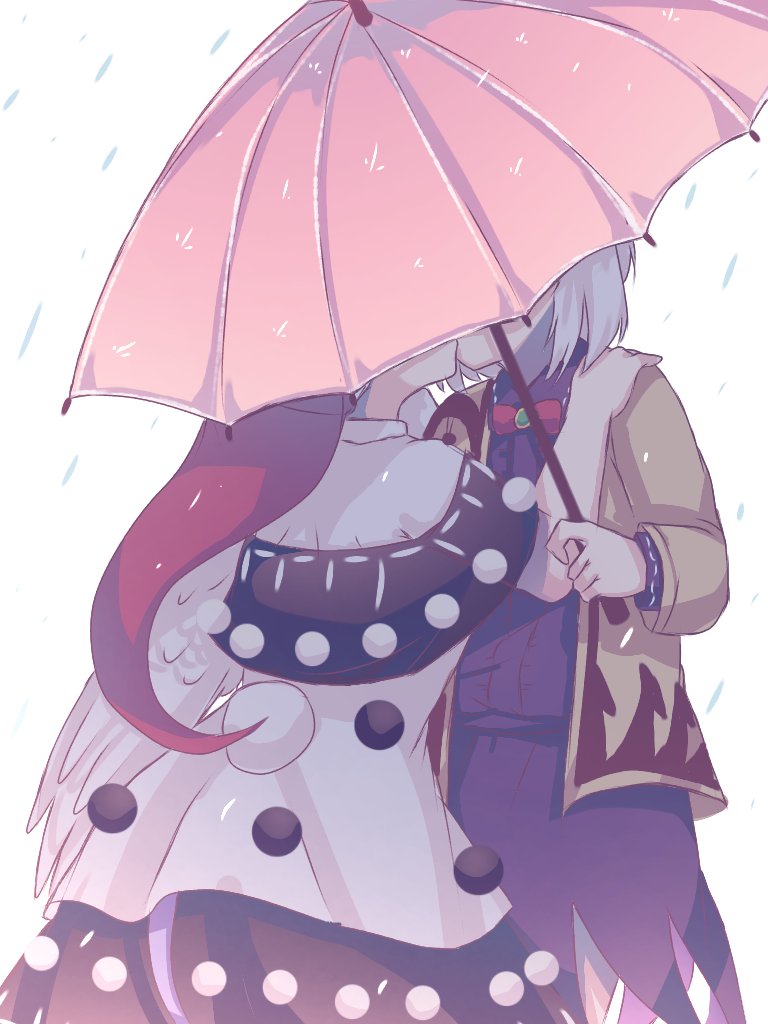 2girls bow bowtie brooch commentary doremy_sweet dress hand_on_another's_shoulder hat jacket jewelry kishin_sagume kiss layered_dress long_sleeves multiple_girls nightcap pink_umbrella pom_pom_(clothes) rain sakikagami shared_umbrella silver_hair single_wing touhou umbrella wings yuri