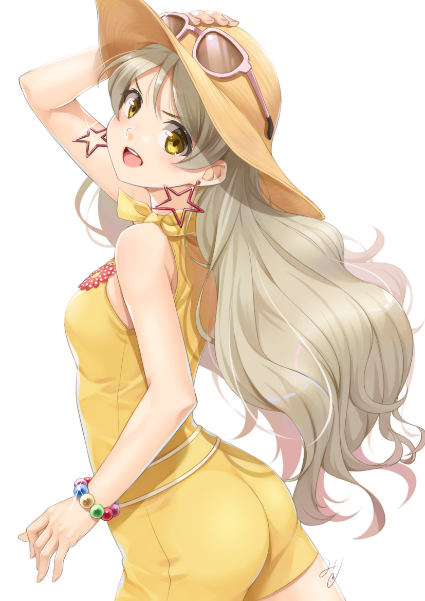 1girl adjusting_clothes adjusting_hat ass blush breasts commentary_request dress earrings green_eyes handa_roko hat idolmaster idolmaster_million_live! jewelry long_hair looking_at_viewer miri_(ago550421) open_mouth signature small_breasts smile solo yellow_dress yellow_eyes