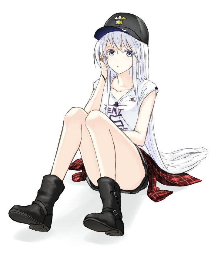 1girl aiu_eo alternate_costume azur_lane baseball_cap boots breasts clothes_around_waist collarbone contemporary enterprise_(azur_lane) expressionless full_body grey_eyes hand_in_hair hat knees_together_feet_apart long_hair looking_at_viewer shirt simple_background sitting small_breasts solo sweater_around_waist white_background white_hair