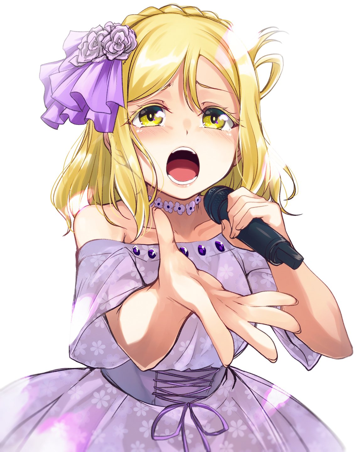 1girl blonde_hair braid commentary_request corset crown_braid dress floral_print flower flower_necklace foreshortening hair_flower hair_ornament hair_rings highres holding holding_microphone jewelry love_live! love_live!_sunshine!! medium_hair microphone music nanotsuki necklace off-shoulder_dress off_shoulder ohara_mari open_mouth outstretched_hand print_dress purple_dress purple_flower singing solo tearing_up white_background yellow_eyes
