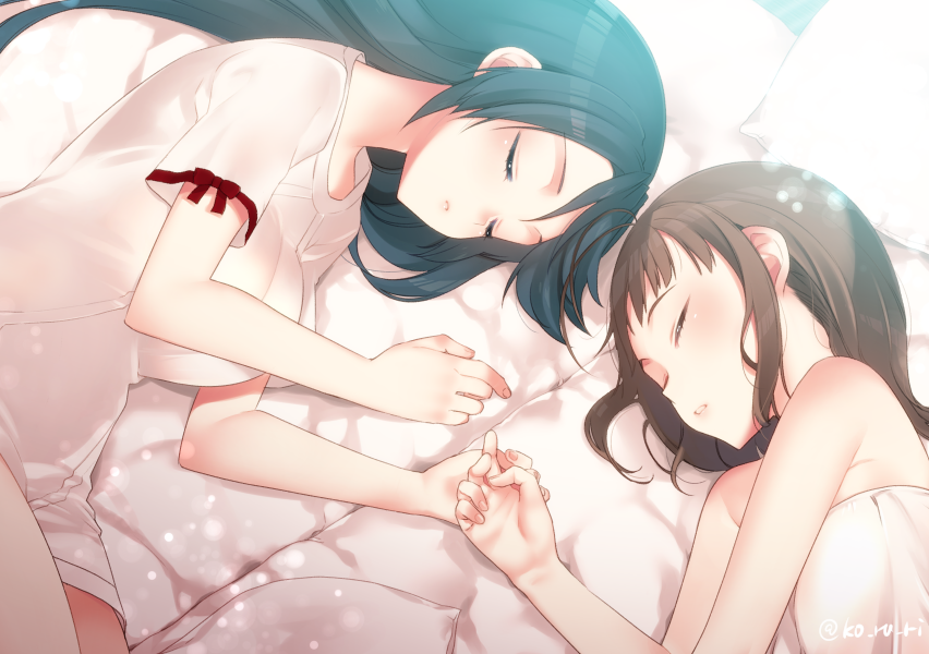 2girls alternate_costume alternate_hairstyle bangs bare_arms bare_shoulders blue_hair blush breasts brown_hair closed_eyes cushion from_above futon hair_down hand_holding isuzu_(kantai_collection) kantai_collection koruri light_particles lips long_hair lying medium_breasts multiple_girls naka_(kantai_collection) off_shoulder on_side pajamas parted_lips sidelocks sleeping small_breasts upper_body