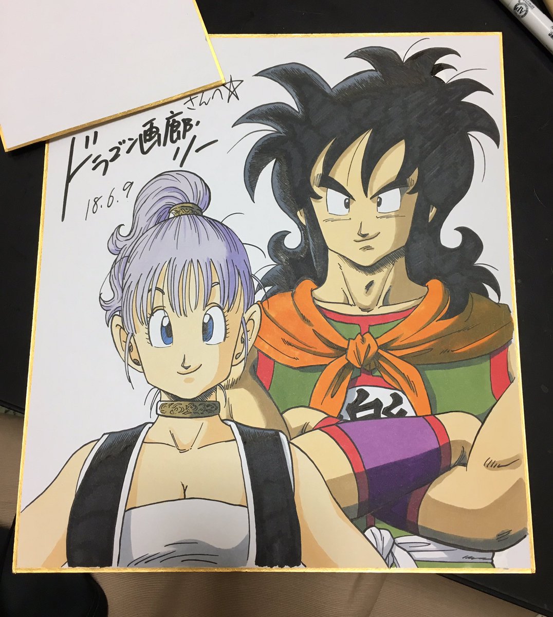 1boy 1girl 2018 bare_arms belt black_eyes black_hair blue_eyes breasts bulma choker close-up clothes_writing commentary_request crossed_arms dated dragon_ball dragon_ball_(classic) eyelashes height_difference highres lee_(dragon_garou) long_hair looking_at_viewer neckerchief photo ponytail purple_hair shaded_face shikishi simple_background smile tank_top traditional_media upper_body waistcoat white_background white_tank_top wristband yamcha