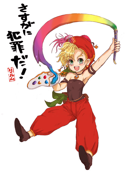 1girl art_brush blonde_hair blue_eyes child commentary_request earrings final_fantasy final_fantasy_vi flat_chest hat jewelry kara_(color) open_mouth paintbrush relm_arrowny smile solo