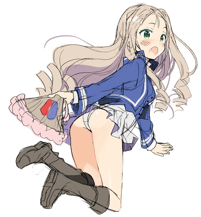 1girl araki_kanao ass bc_freedom_military_uniform black_footwear blonde_hair blue_jacket blue_vest boots commentary crotch_seam drill_hair fan folding_fan full_body girls_und_panzer green_eyes holding jacket jumping knee_boots legs long_hair long_sleeves looking_at_viewer marie_(girls_und_panzer) military military_uniform miniskirt open_mouth panties pleated_skirt shirt simple_background sketch skirt solo underwear uniform vest white_background white_panties white_shirt white_skirt