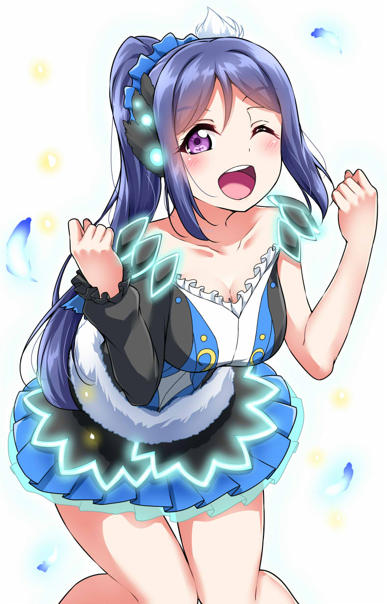 1girl ;d black_feathers blue_feathers blue_hair blue_scrunchie blush breasts cleavage clenched_hands collarbone commentary_request eyebrows_visible_through_hair feathers frilled_sleeves frills fur_trim hair_feathers hands_up highres leaning_forward looking_at_viewer love_live! love_live!_sunshine!! matsuura_kanan medium_breasts neon_trim one_eye_closed open_mouth pleated_skirt round_teeth single_sleeve skirt smile solo teeth upper_teeth violet_eyes water_blue_new_world yopparai_oni