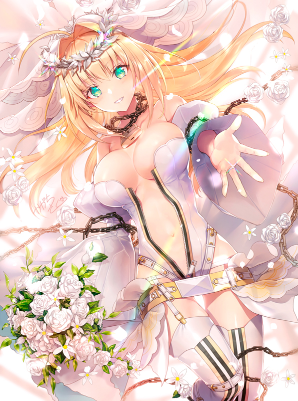 1girl ahoge bangs belt blonde_hair blush bouquet breasts bridal_veil bride buckle center_opening chains cleavage commentary_request detached_sleeves eyebrows_visible_through_hair fate/grand_order fate_(series) flower full-length_zipper garter_straps green_eyes hair_flower hair_intakes hair_ornament head_wreath holding holding_bouquet jewelry kagachi_saku large_breasts leotard lock long_hair looking_at_viewer loose_belt navel nero_claudius_(fate) nero_claudius_(fate)_(all) outstretched_hand padlock pink_flower reaching_out ring smile solo strapless strapless_leotard thigh-highs unzipped veil wedding_band white_flower white_leotard zipper