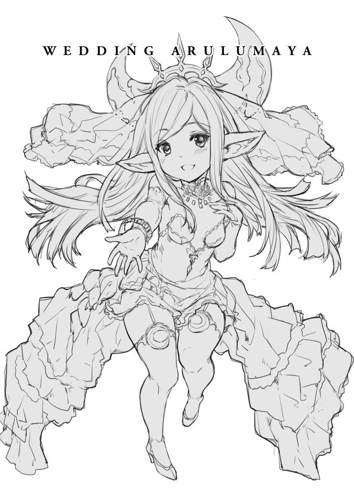 1girl alternate_costume arulumaya bangs bare_shoulders blush bracelet breasts breasts_apart bridal_gauntlets bridal_veil character_name collarbone commentary_request crescent crescent_hair_ornament dress elbow_gloves eyebrows_visible_through_hair full_body garter_straps gloves granblue_fantasy hair_ornament harvin headgear high_heels jewelry long_hair looking_at_viewer monochrome mushi024 necklace no_bra open_mouth pointy_ears simple_background small_breasts smile solo strapless strapless_dress tagme thigh-highs veil wedding_dress white_background