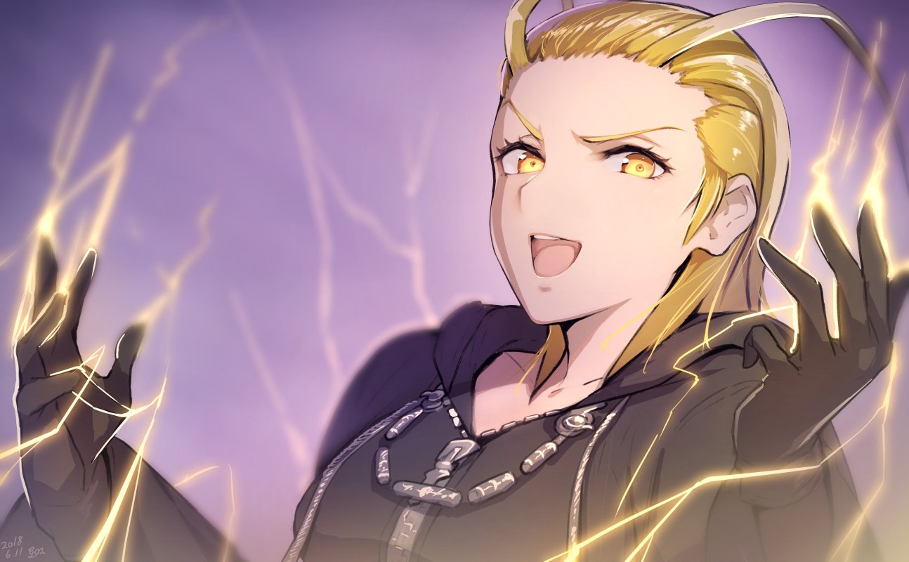 1girl :d black_coat black_coat_(kingdom_hearts) black_gloves blonde_hair coat electricity eyelashes gloves gogo_(detteiu_de) kingdom_hearts kingdom_hearts_iii larxene looking_at_viewer open_mouth organization_xiii short_hair smile solo teeth tongue v-shaped_eyebrows yellow_eyes