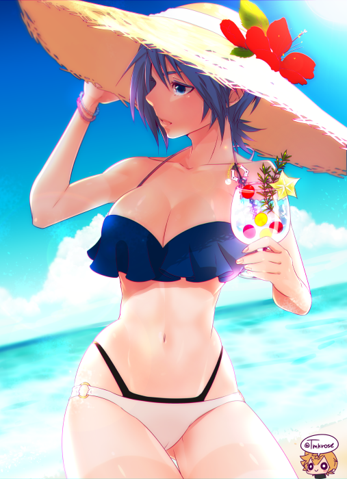 1girl alternate_costume aqua_(kingdom_hearts) bare_shoulders beach bikini blue_eyes blue_hair blue_sky bracelet breasts chibi chibi_inset cleavage clouds collarbone cowboy_shot cup day drinking_glass flower gluteal_fold hat hat_flower hibiscus highleg highleg_bikini holding holding_drinking_glass jewelry kingdom_hearts kingdom_hearts_birth_by_sleep large_breasts navel ocean outdoors red_flower short_hair sky stomach sun_hat swimsuit tamaki_(tmk-poison) thigh_gap ventus water yellow_hat
