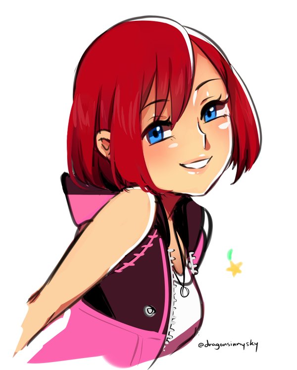 1girl blue_eyes bob_cut commentary cropped_torso d-ryuu dress english_commentary grin jewelry kairi_(kingdom_hearts) kingdom_hearts kingdom_hearts_iii looking_at_viewer necklace redhead short_hair simple_background sketch sleeveless sleeveless_dress smile twitter_username white_background