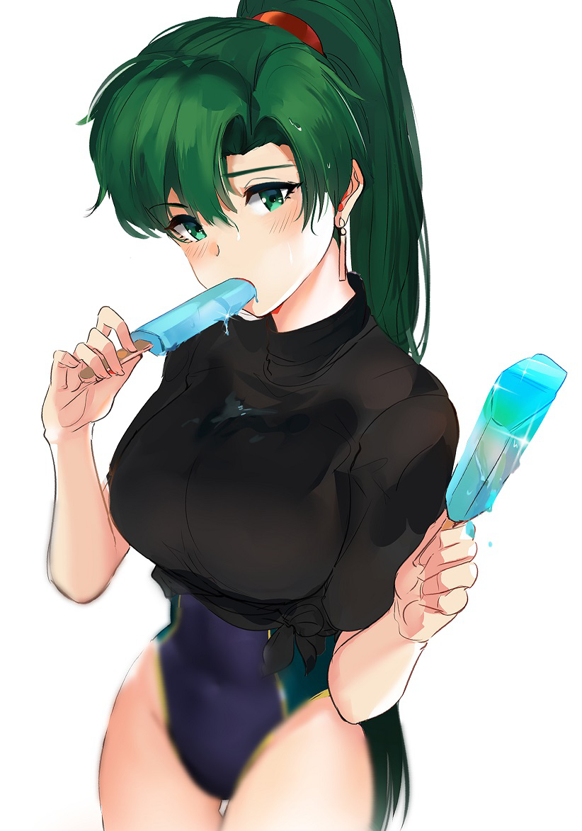 1girl bangs black_shirt blue_swimsuit blush breasts covered_navel earrings eating fire_emblem fire_emblem:_rekka_no_ken food green_eyes green_hair high_ponytail hips jewelry large_breasts long_hair looking_at_viewer lyndis_(fire_emblem) one-piece_swimsuit ormille ponytail popsicle scrunchie shirt simple_background solo swimsuit swimsuit_under_clothes tied_shirt white_background