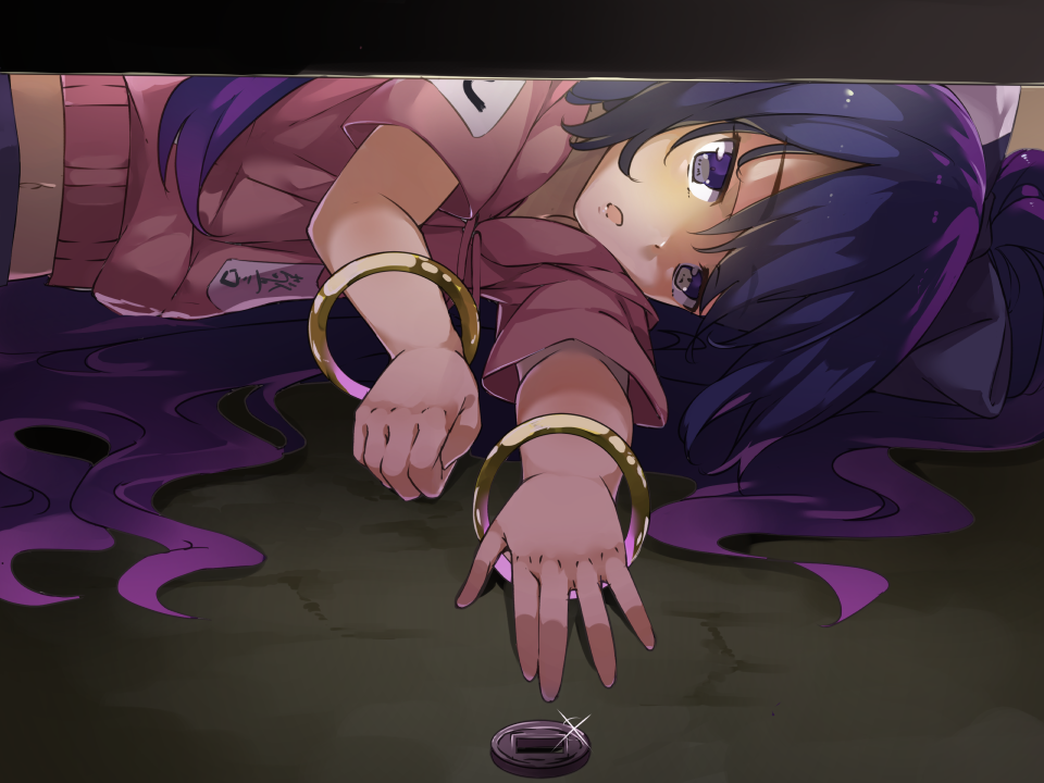 1girl bangle bangs blue_eyes blue_hair bow bracelet clenched_hand coin debt eyebrows_visible_through_hair glint hair_between_eyes hair_bow jewelry letterboxed long_hair looking_at_viewer lying midriff navel on_ground on_side open_mouth pink_hoodie piyodesu reaching short_sleeves solo touhou upper_body very_long_hair yorigami_shion