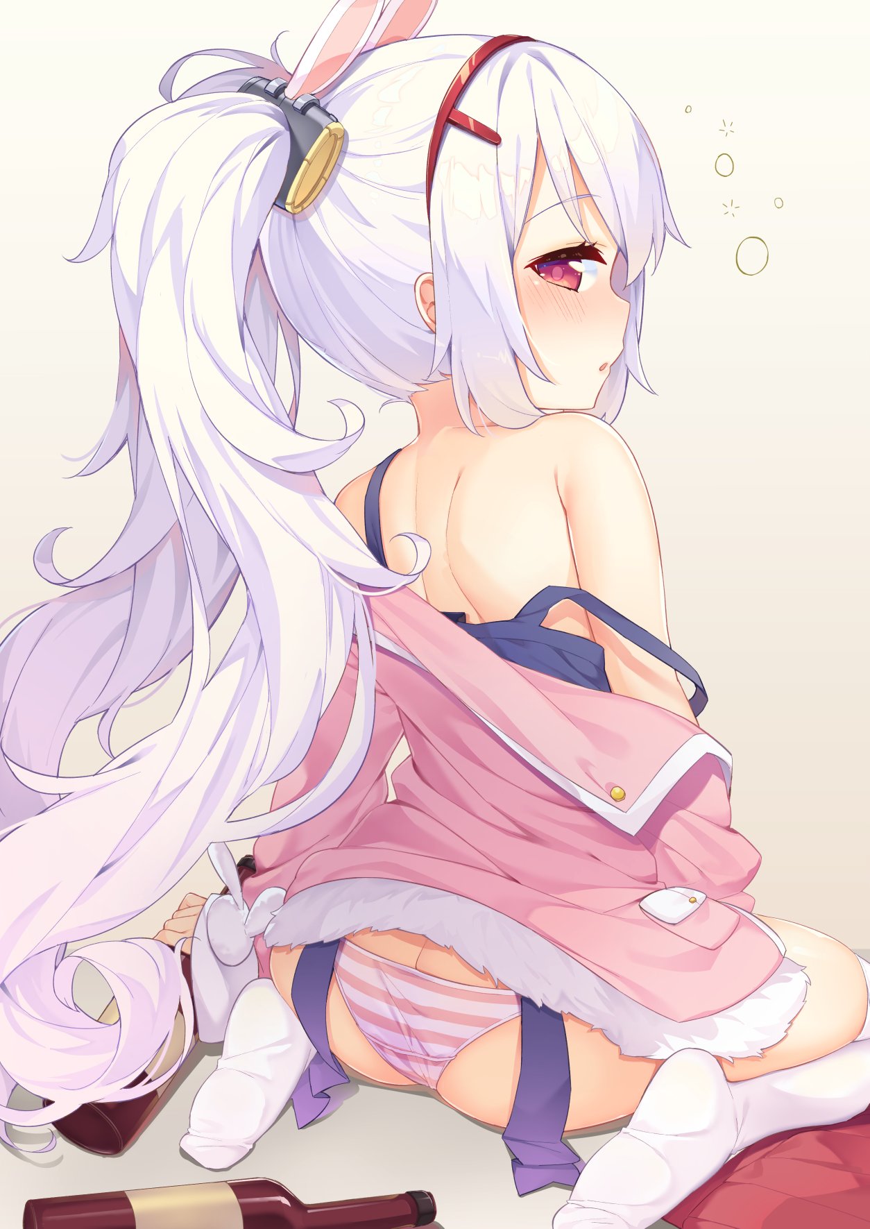 1girl animal_ears artist_request azur_lane blush bottle butt_crack drowsy fake_animal_ears hair_ornament headband highres jacket laffey_(azur_lane) lavender_hair long_hair looking_at_viewer looking_back panties red_eyes seiza simple_background sitting socks solo striped striped_panties twintails underwear white_background wine_bottle