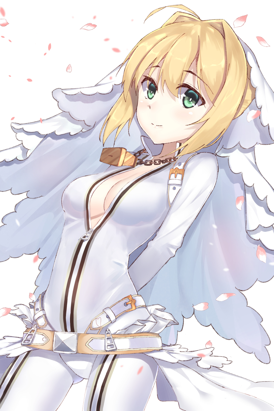 1girl ahoge arm_behind_back belt blonde_hair bodysuit breasts chains cherry_blossoms cleavage cowboy_shot eyebrows_visible_through_hair fate/extra fate/extra_ccc fate_(series) green_eyes hair_between_eyes highres ilxodidli jewelry medium_breasts necklace nero_claudius_(bride)_(fate) nero_claudius_(fate)_(all) partially_unzipped short_hair_with_long_locks sidelocks simple_background solo white_background white_bodysuit