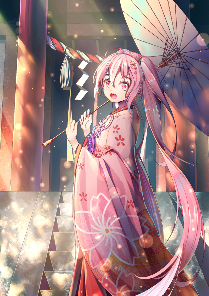 1girl from_side hair_between_eyes hatsune_miku japanese_clothes kimono long_hair looking_at_viewer open_mouth oriental_umbrella outdoors pink_eyes pink_hair rope sakura_miku shide shimenawa shrine solo stairs torii twintails umbrella very_long_hair vocaloid xiaosan_ye