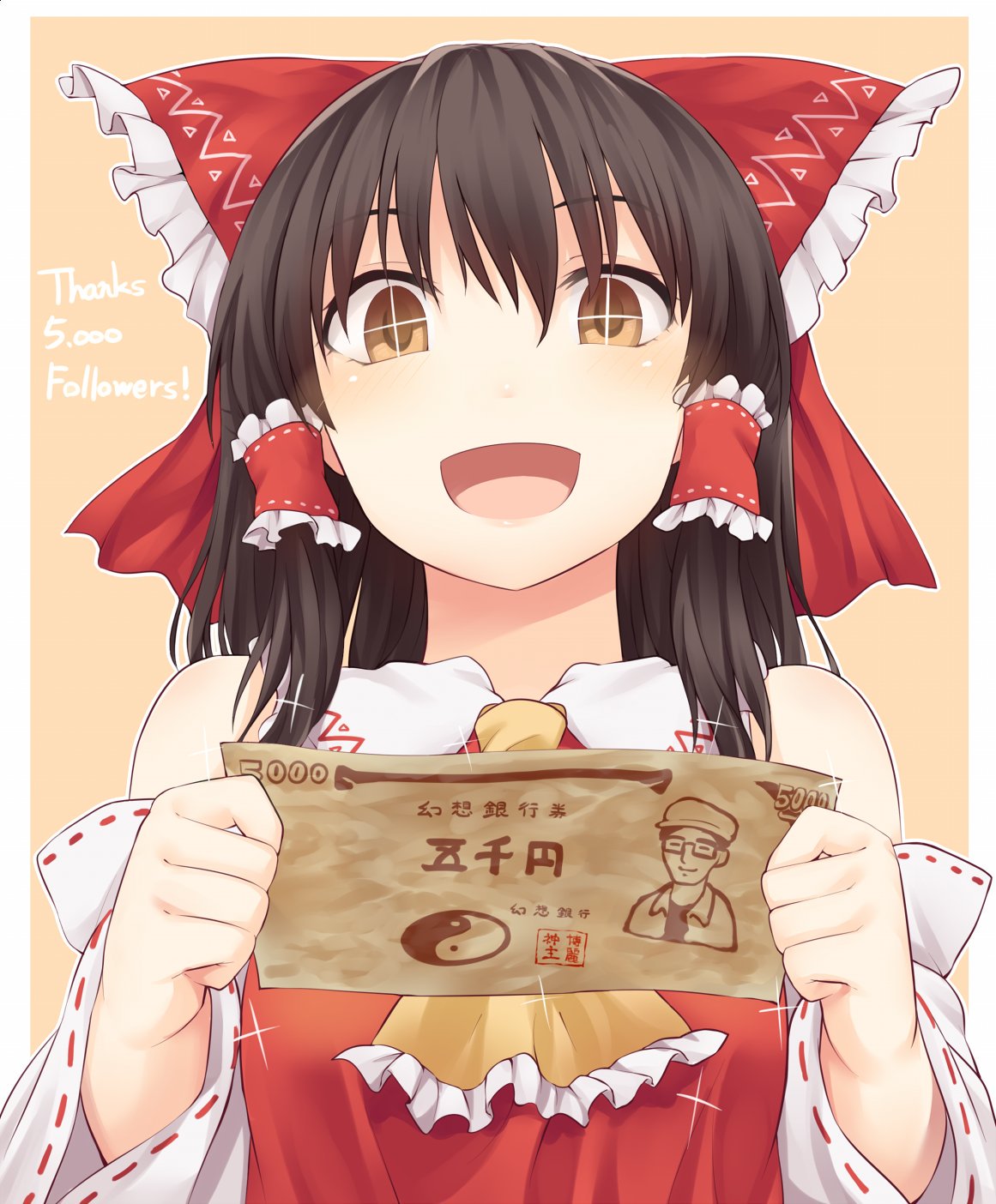 1girl :d ascot black_hair blush border bow brown_hair commentary_request detached_sleeves dollar_bill frilled_ascot frilled_bow frilled_shirt_collar frills hair_bow hair_tubes hakurei_reimu highres holding_money long_hair long_sleeves looking_at_viewer miyo_(ranthath) money open_mouth red_bow ribbon-trimmed_sleeves ribbon_trim sidelocks smile solo sparkle tan_background touhou translated upper_body white_border wide_sleeves yellow_neckwear yin_yang zun