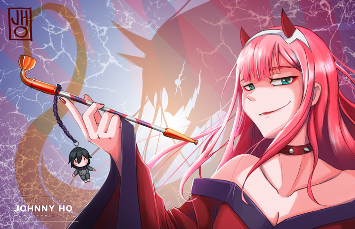 1girl bangs breasts cleavage collar collarbone commentary_request darling_in_the_franxx fringe green_eyes hair_ornament hairband hiro_(darling_in_the_franxx) horns japanese_clothes jhocircle kimono long_hair looking_at_viewer oni_horns pink_hair pipe red_horns red_kimono signature smile solo spiked_collar spikes white_hairband zero_two_(darling_in_the_franxx)