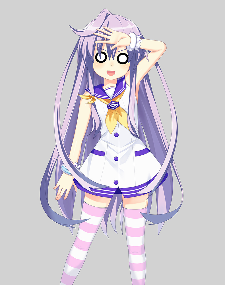 1girl dress gabriel_evangel gradient gradient_background long_hair nepgear neptunia_(series) non-web_source purple_hair solo striped striped_legwear thighhighs violet_eyes