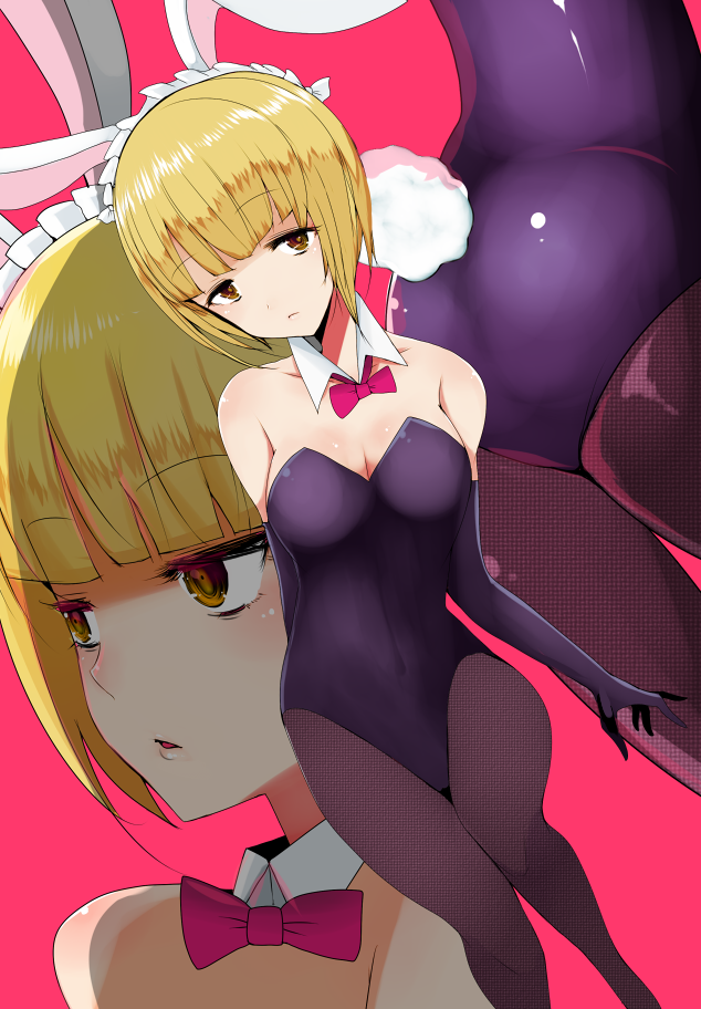 1girl animal_ears arm_behind_back ass bangs black_gloves black_legwear black_leotard blonde_hair blunt_bangs bow bowtie breasts bunny_tail bunnysuit cleavage cutlass_(girls_und_panzer) detached_collar elbow_gloves eyebrows_visible_through_hair fake_animal_ears fake_tail fishnet_legwear fishnets girls_und_panzer gloves half-closed_eyes han_(jackpot) leotard lips medium_breasts multiple_views parted_lips pink_background rabbit_ears red_neckwear simple_background solo strapless strapless_leotard tail wing_collar yellow_eyes