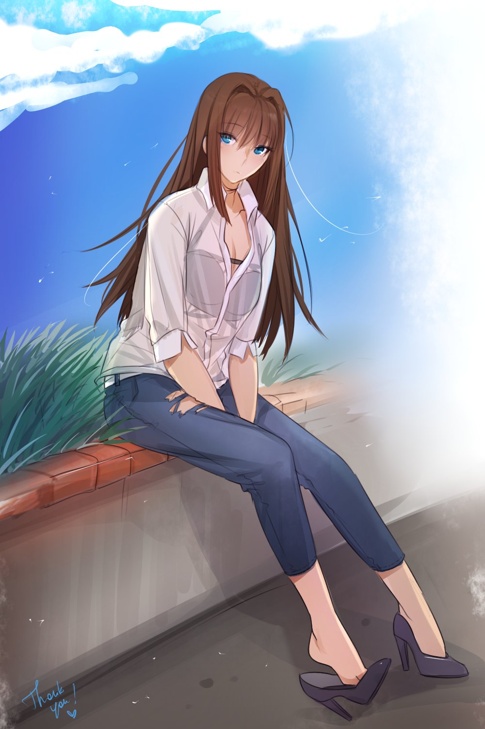 1girl aozaki_aoko bra brown_hair casual clouds collarbone collared_shirt denim denim_shorts green_eyes hair_intakes high_heels highres jeans long_hair mahou_tsukai_no_yoru pants see-through shirt shorts sitting sky solo torn_clothes torn_jeans torn_pants tusia underwear