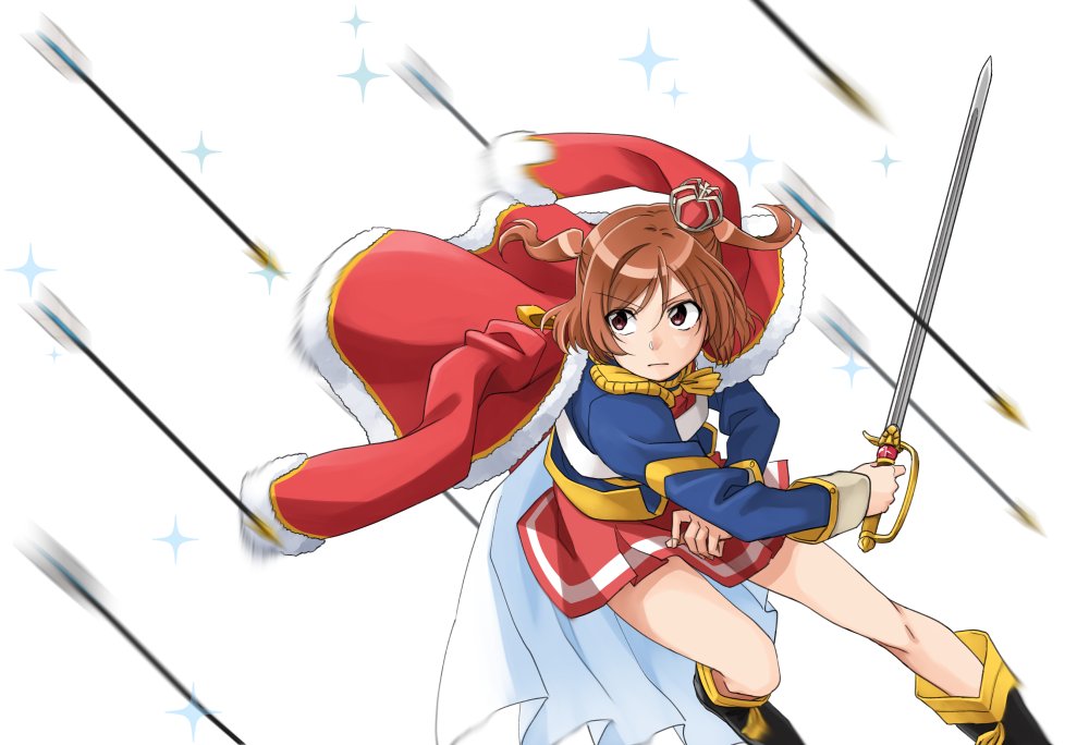 1girl aijou_karen arrow boots brown_eyes brown_hair commentary crown dodging epaulettes eyebrows_visible_through_hair fur_trim holding holding_sword holding_weapon jacket_on_shoulders long_sleeves lourie mini_crown motion_blur pleated_skirt rain_of_arrows shoujo_kageki_revue_starlight skirt solo sparkle sword two_side_up waist_cape weapon