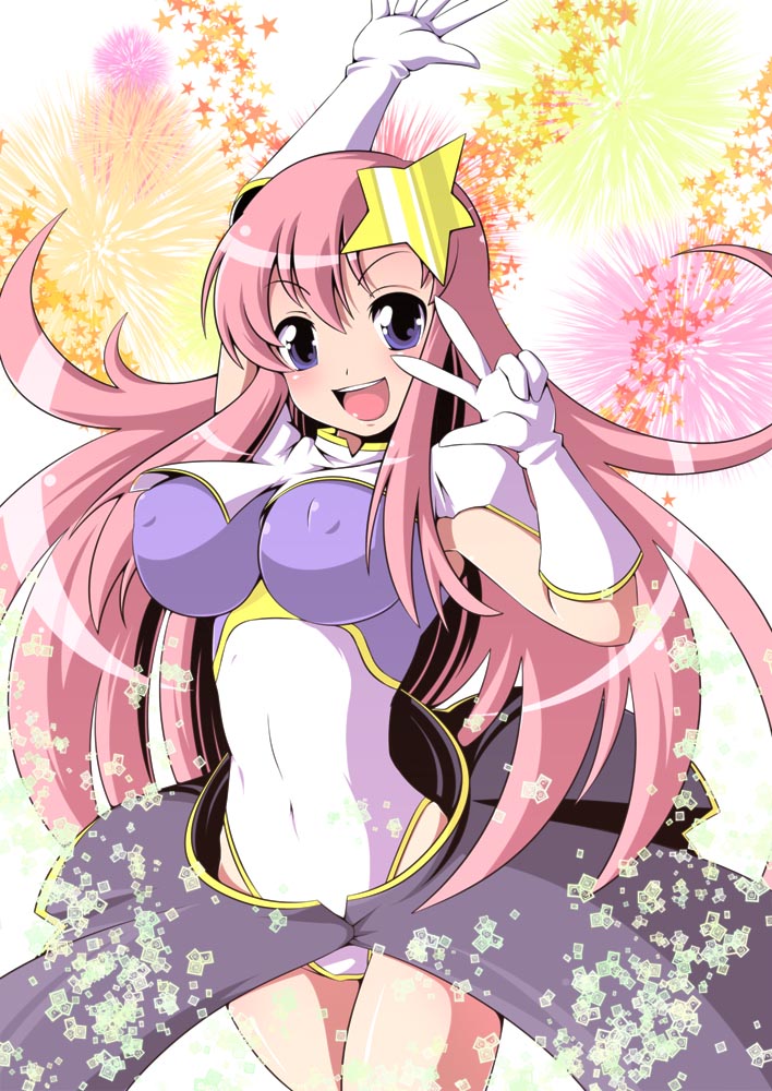 1girl arm_up bangs blue_eyes breasts covered_navel erect_nipples gloves gundam gundam_seed gundam_seed_destiny hair_between_eyes hair_ornament hand_gesture large_breasts leotard meer_campbell open_mouth pink_hair semikichi smile solo star star_hair_ornament teeth v white_gloves