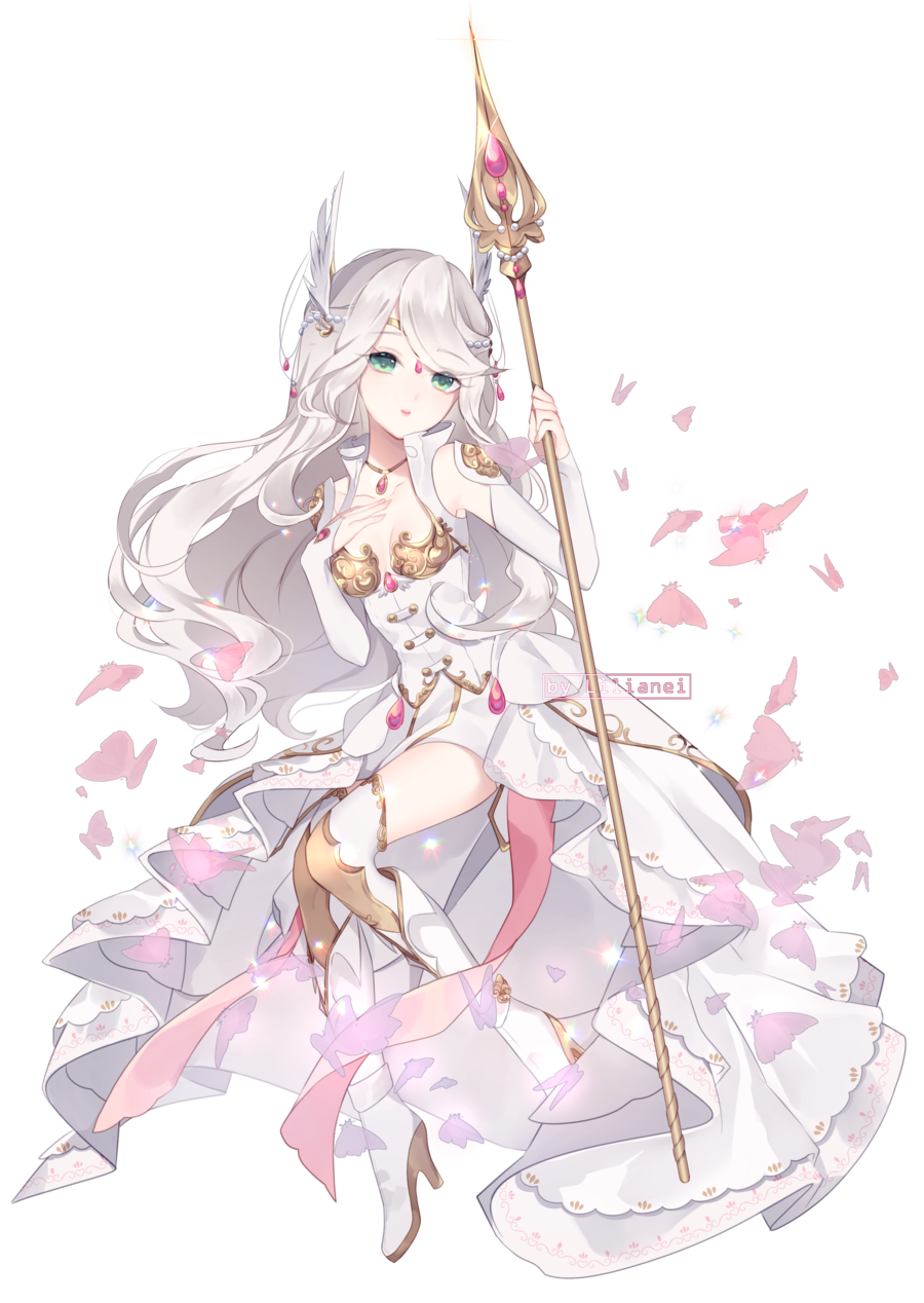 aqua_eyes bangs bare_shoulders boots breasts bug butterfly chibi choker cleavage collarbone commission dress floating frills full_body gloves green_eyes hair_ornament hand_on_own_chest highres holding insect lilianei long_hair looking_at_viewer original staff wavy_hair white_hair wind wings