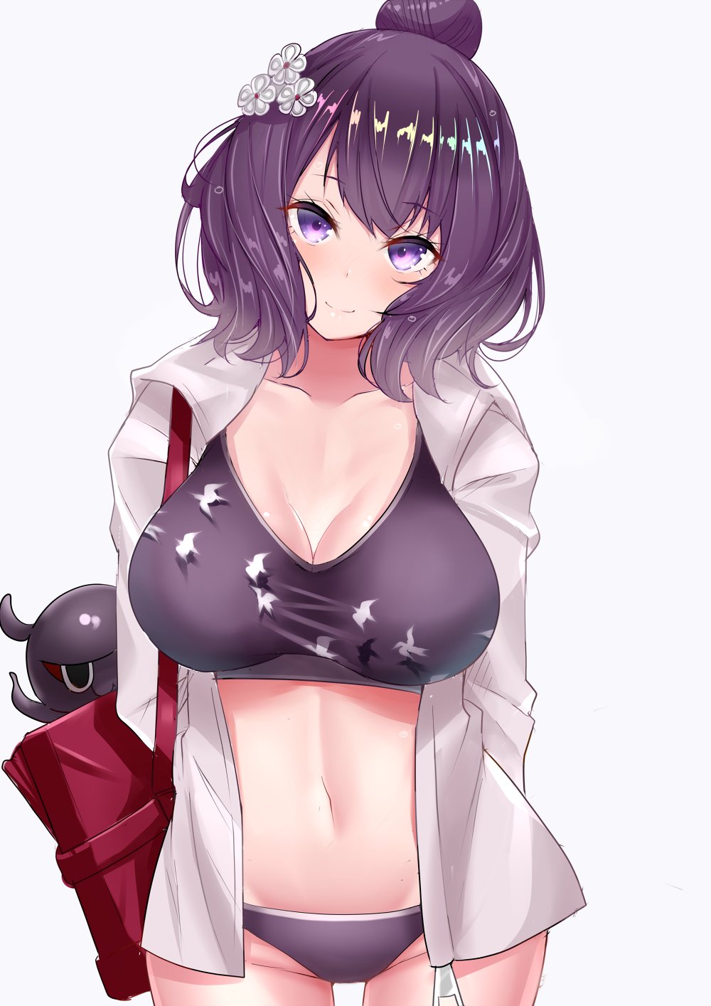 1girl alternate_costume alternate_hairstyle bag bangs bikini bikini_under_clothes breasts casual cleavage collarbone commentary_request eyebrows_visible_through_hair fate/grand_order fate_(series) flower hair_between_eyes hair_bun hair_flower hair_ornament highres hips hood hoodie jacket katsushika_hokusai_(fate/grand_order) large_breasts looking_at_viewer navel octopus open_clothes open_jacket purple_bikini purple_hair sankakusui shoulder_bag simple_background smile solo swimsuit violet_eyes waist white_background white_jacket