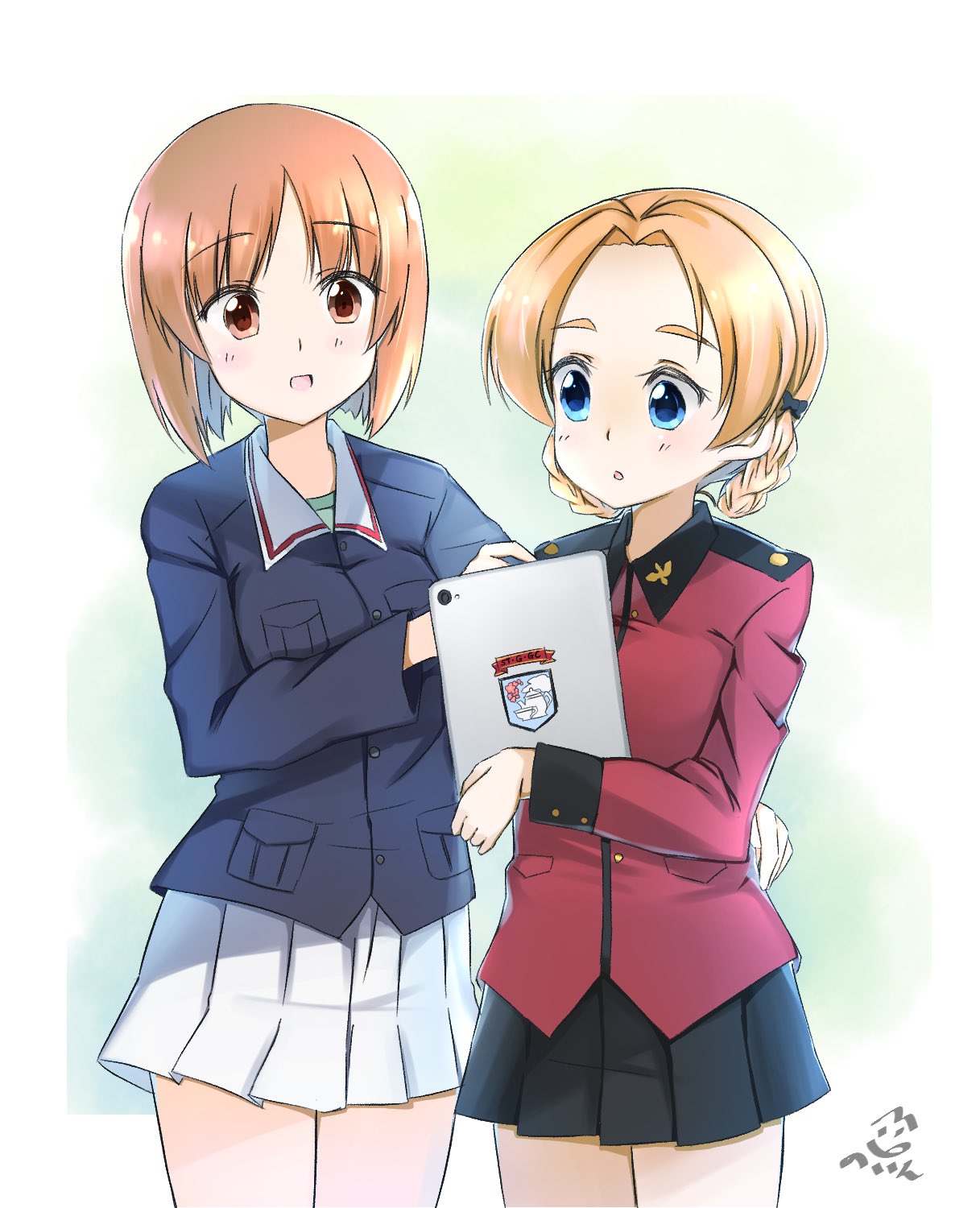 2girls :o arm_around_waist artist_name bangs black_bow black_skirt blue_eyes blue_jacket bow braid brown_eyes brown_hair clipboard commentary emblem epaulettes eyebrows_visible_through_hair girls_und_panzer green_background green_shirt hair_bow hand_on_shoulder highres holding jacket long_sleeves looking_at_another military military_uniform miniskirt multiple_girls nishizumi_miho ooarai_military_uniform open_mouth orange_hair orange_pekoe outside_border parted_bangs parted_lips pleated_skirt red_jacket shirt short_hair signature skirt smile st._gloriana's_(emblem) st._gloriana's_military_uniform standing tied_hair toon_(noin) twin_braids uniform white_skirt
