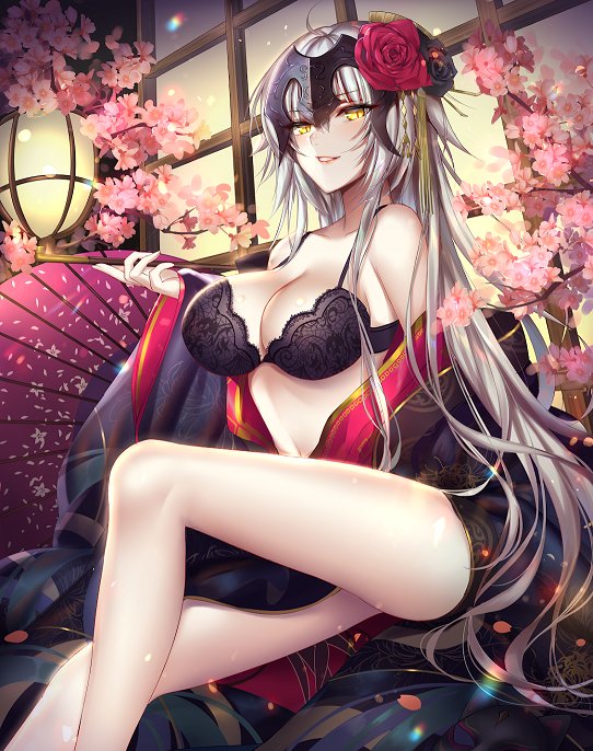 1girl alternate_costume bare_legs bare_shoulders blush bra breasts cherry_blossoms commentary fan fate/grand_order fate_(series) flower folding_fan hair_flower hair_ornament headpiece japanese_clothes jeanne_d'arc_(alter)_(fate) jeanne_d'arc_(fate)_(all) kimono lantern large_breasts lingerie lipstick looking_at_viewer makeup mallizmora navel open_clothes open_kimono pipe silver_hair solo underwear yellow_eyes