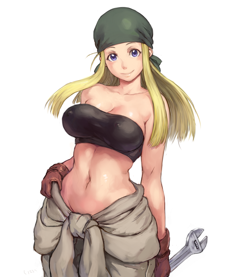 1girl bandanna bandeau blonde_hair blue_eyes breasts brown_gloves cleavage clothes_around_waist commentary_request cowboy_shot erect_nipples fullmetal_alchemist gloves hand_on_hip long_hair looking_at_viewer medium_breasts mikanman navel shirt_around_waist simple_background smile solo stomach winry_rockbell wrench