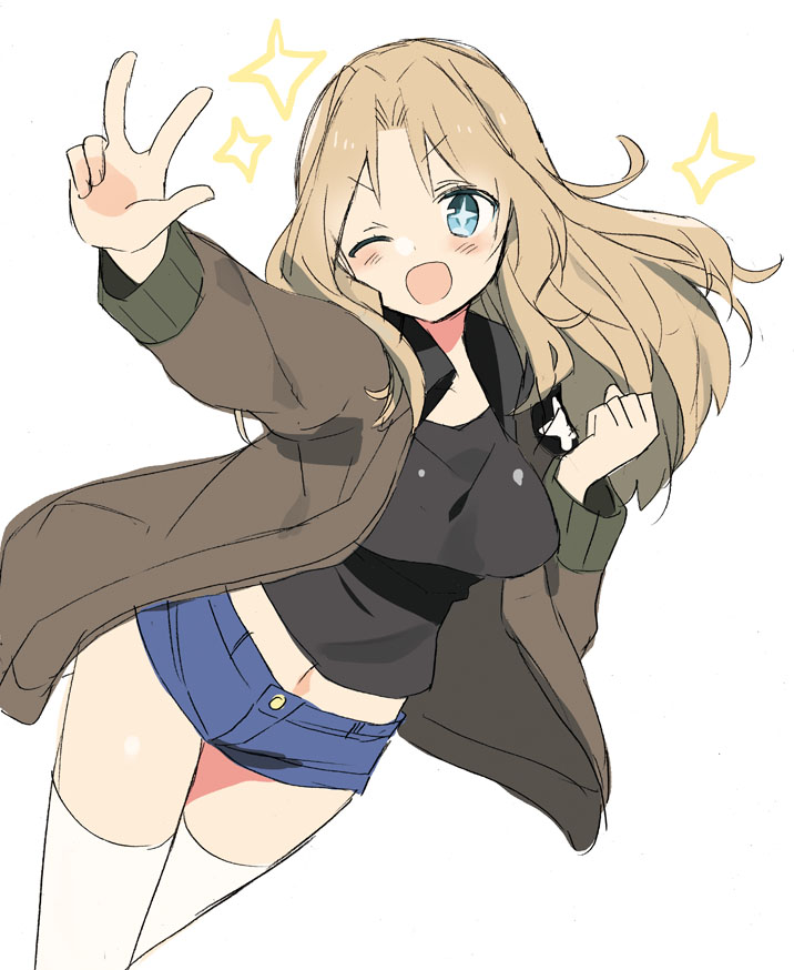 +_+ 1girl ;d araki_kanao black_shirt blonde_hair blue_eyes blue_shorts brown_jacket clenched_hand cowboy_shot denim denim_shorts dutch_angle emblem girls_und_panzer hair_intakes jacket kay_(girls_und_panzer) long_hair looking_at_viewer midriff military military_uniform navel one_eye_closed open_clothes open_jacket open_mouth saunders_military_uniform shirt short_shorts shorts simple_background smile solo standing star thigh-highs uniform v-shaped_eyebrows w white_background white_legwear