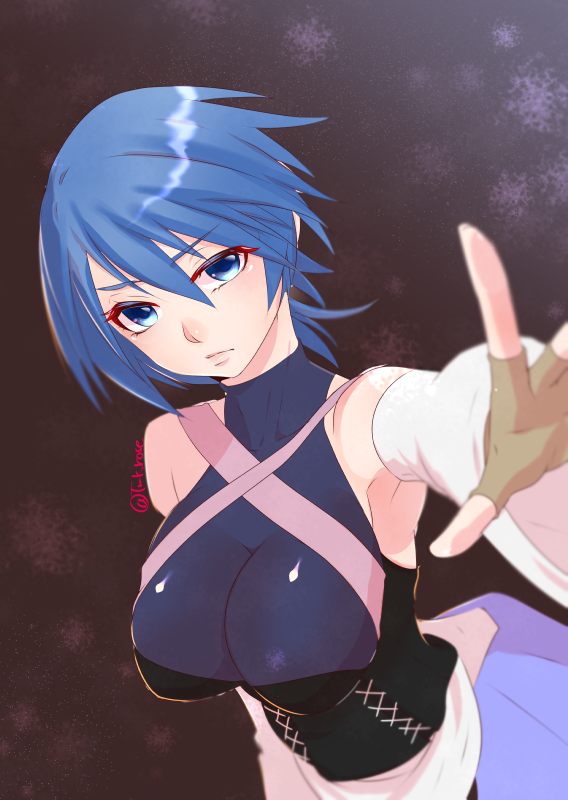 1girl aqua_(kingdom_hearts) bangs bare_shoulders blue_eyes blue_hair breasts brown_gloves closed_mouth detached_sleeves eyebrows_visible_through_hair fingerless_gloves frown gloves hair_between_eyes kingdom_hearts kingdom_hearts_birth_by_sleep large_breasts long_sleeves outstretched_arm short_hair skin_tight solo tamaki_(tmk-poison) turtleneck upper_body