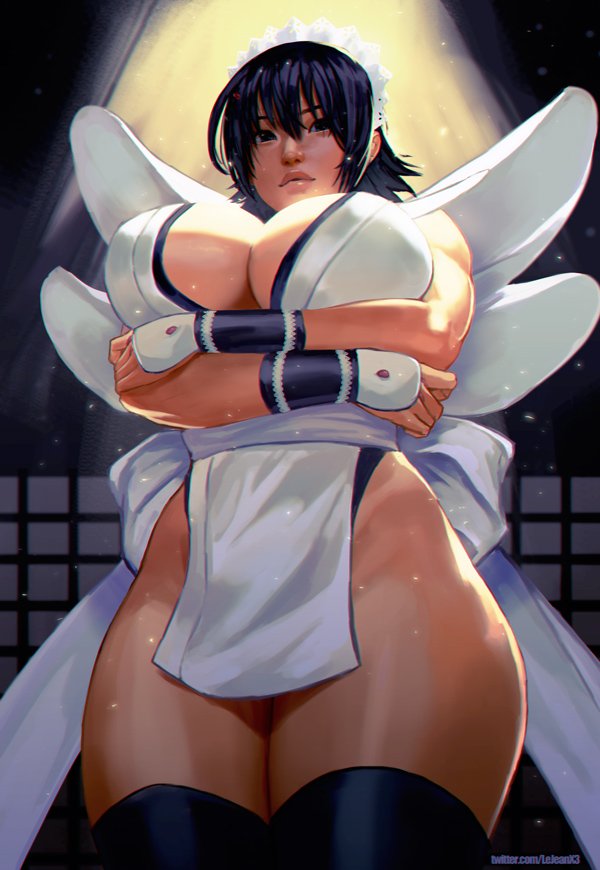 1girl arm_guards arms_under_breasts bangs bare_arms bare_shoulders black_hair black_legwear bow breasts cleavage crossed_arms curvy flipped_hair from_below hips indoors iroha_(samurai_spirits) japanese_clothes large_breasts light looking_at_viewer maid maid_headdress obi pelvic_curtain rejean_dubois samurai_spirits sash short_hair solo thick_thighs thigh-highs thighs wide_hips