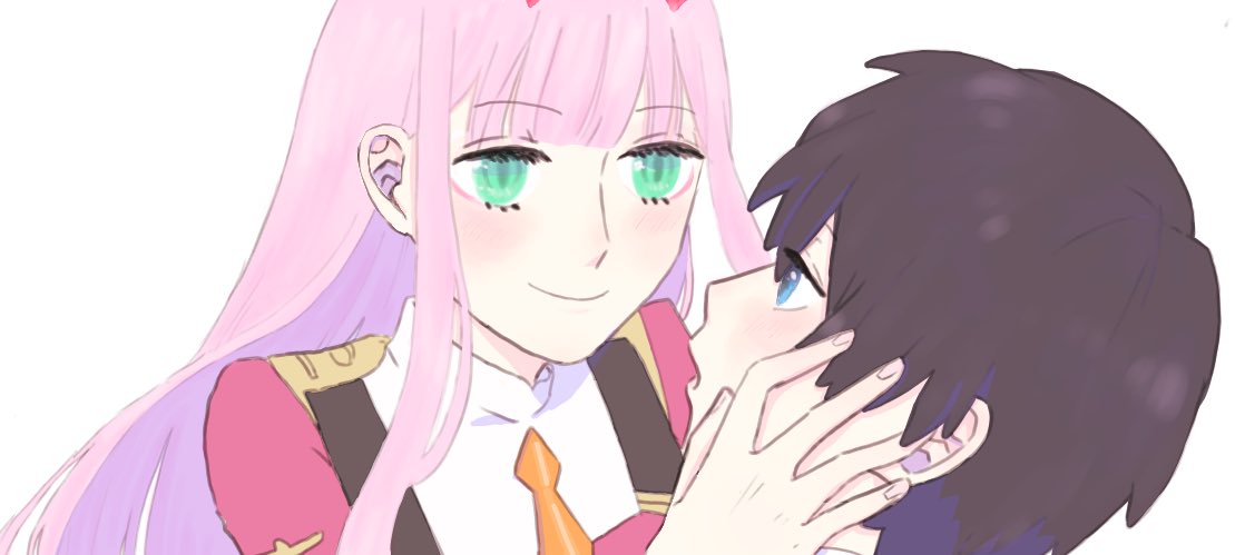 1boy 1girl bangs black_hair blue_eyes commentary_request couple darling_in_the_franxx difxx_pcc eyebrows_visible_through_hair fringe green_eyes hand_on_another's_face hetero hiro_(darling_in_the_franxx) horns long_hair long_sleeves looking_at_another military military_uniform necktie oni_horns orange_neckwear pink_hair red_horns short_hair uniform zero_two_(darling_in_the_franxx)