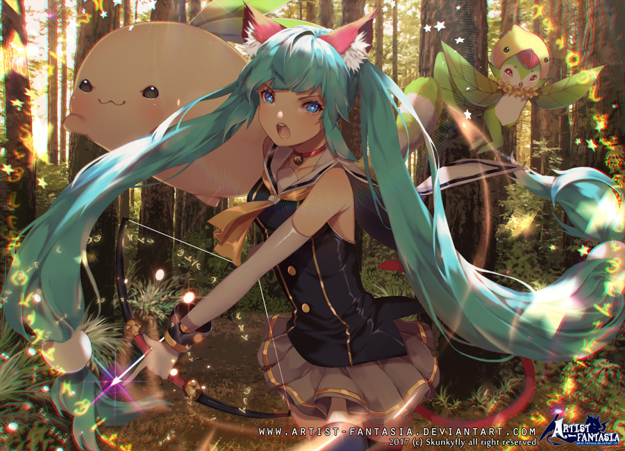 1girl bangs bare_shoulders bell blue_eyes blue_hair bow_(weapon) choker fairy forest gloves looking_at_viewer nature open_mouth original sailor_collar skirt skunkyfly tail twintails upper_body weapon