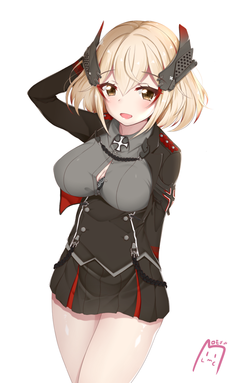 1girl aiguillette arm_behind_back arm_behind_head azur_lane bangs black_bra black_jacket black_skirt blonde_hair blush bra bra_peek breasts brown_eyes cleavage collared_shirt cropped_jacket epaulettes eyebrows_visible_through_hair grey_shirt hair_between_eyes headgear highres iron_cross jacket large_breasts long_sleeves looking_at_viewer miniskirt multicolored_hair open_clothes open_jacket open_mouth pleated_skirt redhead romocha_(hosachi3784) roon_(azur_lane) shirt short_hair skirt smile solo streaked_hair unbuttoned underbust underwear white_background