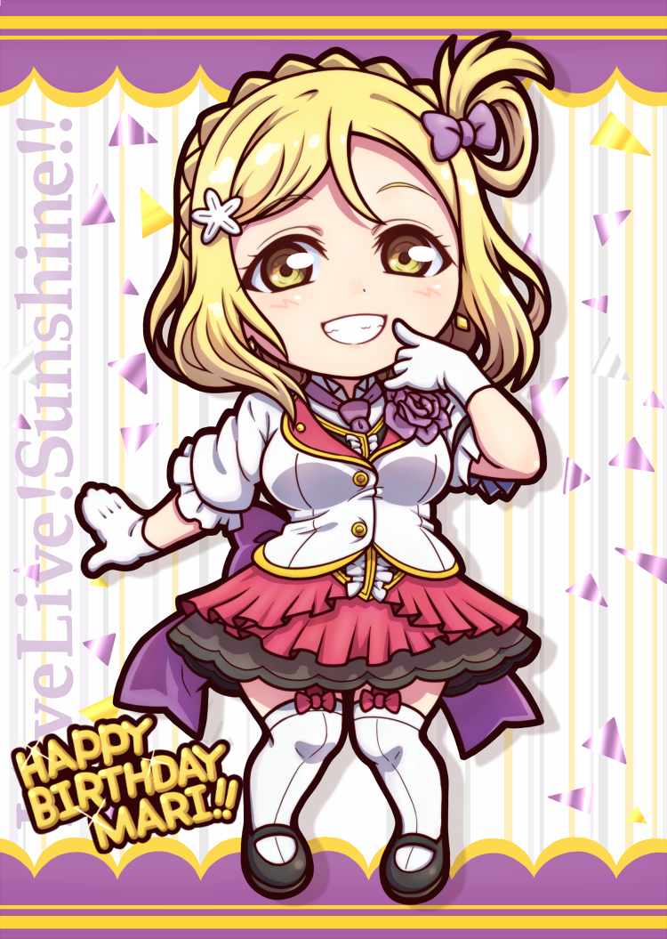 1girl birthday black_footwear blonde_hair braid breasts character_name chibi confetti crown_braid english gloves grin hair_rings happy_birthday large_breasts love_live! love_live!_sunshine!! medium_hair miloku mirai_ticket ohara_mari smile solo white_gloves white_legwear yellow_eyes