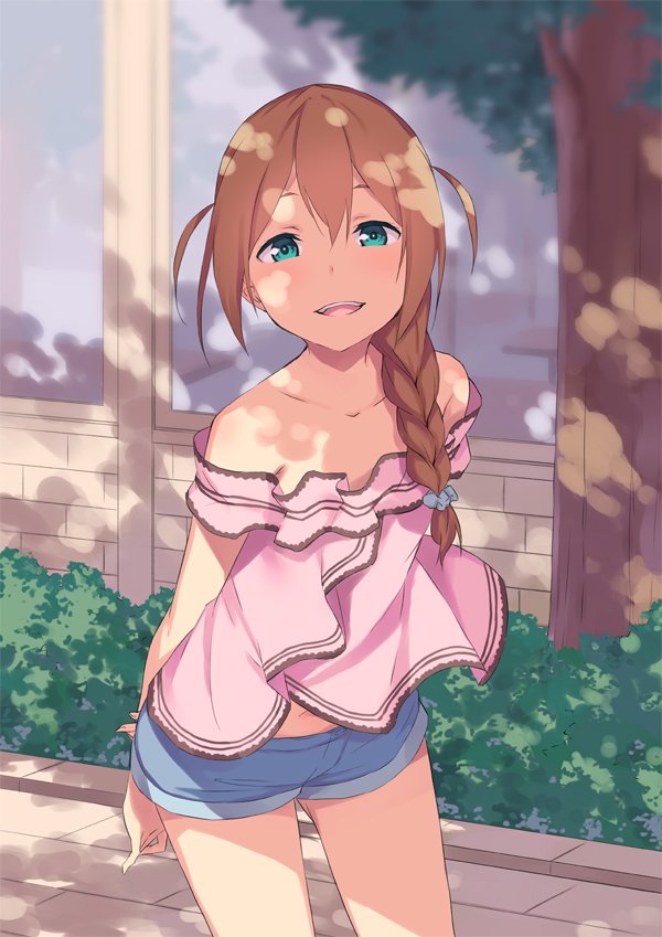 1girl aqua_eyes arms_behind_back baba_konomi bare_shoulders blush braid brown_hair commentary_request hair_between_eyes hair_over_shoulder idolmaster idolmaster_million_live! long_hair looking_at_viewer mikaze_takashi navel open_mouth shadow shorts single_braid smile solo tree