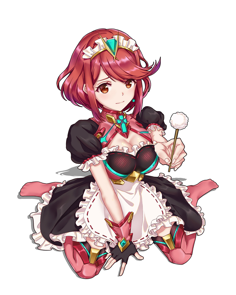 1girl adapted_costume bangs blush breasts cleavage earrings fingerless_gloves frills gloves jewelry kashi_(boyishcao) large_breasts looking_at_viewer maid_dress maid_headdress mimikaki puffy_short_sleeves puffy_sleeves pyra_(xenoblade) red_eyes red_legwear redhead short_hair short_sleeves swept_bangs thigh-highs tiara white_background xenoblade_(series) xenoblade_2