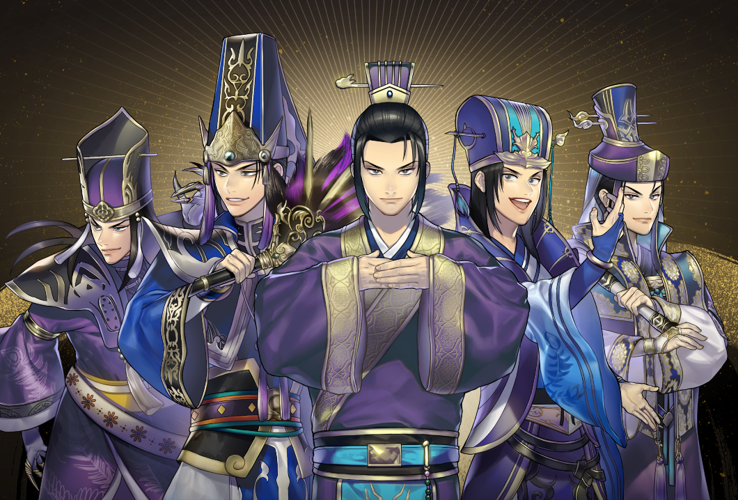 5boys :d black_hair cape character_request cowboy_shot hands_up hat headwear holding holding_weapon long_hair male_focus multiple_boys open_mouth purple_hat sangoku_musou sima_yi smile standing tagme weapon wide_sleeves yaka_(kk1177)