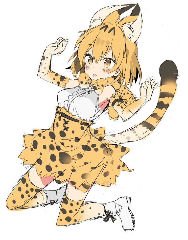 1girl animal_ears araki_kanao blonde_hair bow bowtie commentary cross-laced_footwear elbow_gloves extra_ears eyebrows_visible_through_hair full_body gloves high-waist_skirt jumping kemono_friends open_mouth print_gloves print_neckwear print_skirt serval_(kemono_friends) serval_ears serval_print serval_tail shoes short_hair simple_background skirt sleeveless solo striped_tail tail w_arms white_background white_footwear yellow_eyes yellow_gloves yellow_legwear yellow_neckwear yellow_skirt