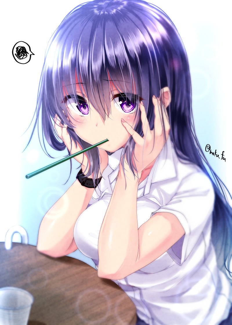 1girl blue_background blush collared_shirt cup drinking_straw elbows_on_table gradient gradient_background hands_on_own_cheeks hands_on_own_face head_rest long_hair looking_at_viewer mokufuu mouth_hold original purple_hair shirt short_sleeves solo speech_bubble spoken_squiggle squiggle table twitter_username violet_eyes watch watch white_background white_shirt