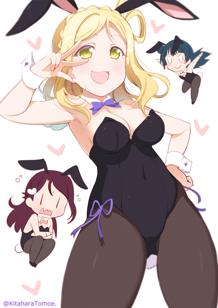 3girls :&gt; :d \o/ animal_ears arms_up black_leotard blonde_hair blush_stickers bow bowtie braid breasts bunny_tail bunnysuit cleavage commentary_request cowboy_shot crossed_arms crown_braid detached_collar fishnet_pantyhose fishnets guilty_kiss_(love_live!) hair_rings hand_on_hip heart kitahara_tomoe_(kitahara_koubou) leotard looking_at_viewer love_live! love_live!_sunshine!! medium_breasts multiple_girls ohara_mari open_mouth outstretched_arms pantyhose purple_neckwear purple_ribbon rabbit_ears ribbon sakurauchi_riko smile strapless strapless_leotard tail tsushima_yoshiko twitter_username w_over_eye wavy_mouth white_background wrist_cuffs yellow_eyes |_|