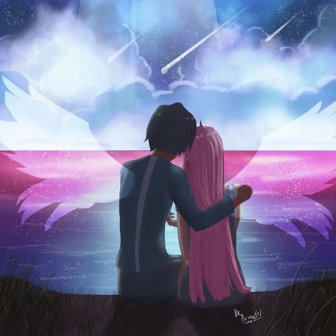 1998_kosinska 1boy 1girl black_hair clouds cloudy_sky commentary couple darling_in_the_franxx from_behind grass grey_shirt grey_shorts hand_holding hand_on_another's_shoulder hetero hiro_(darling_in_the_franxx) horns hug long_hair long_sleeves night night_sky ocean oni_horns pink_hair red_horns shirt short_hair shorts signature sitting sky sleeveless star star_(sky) starry_sky water wings zero_two_(darling_in_the_franxx)