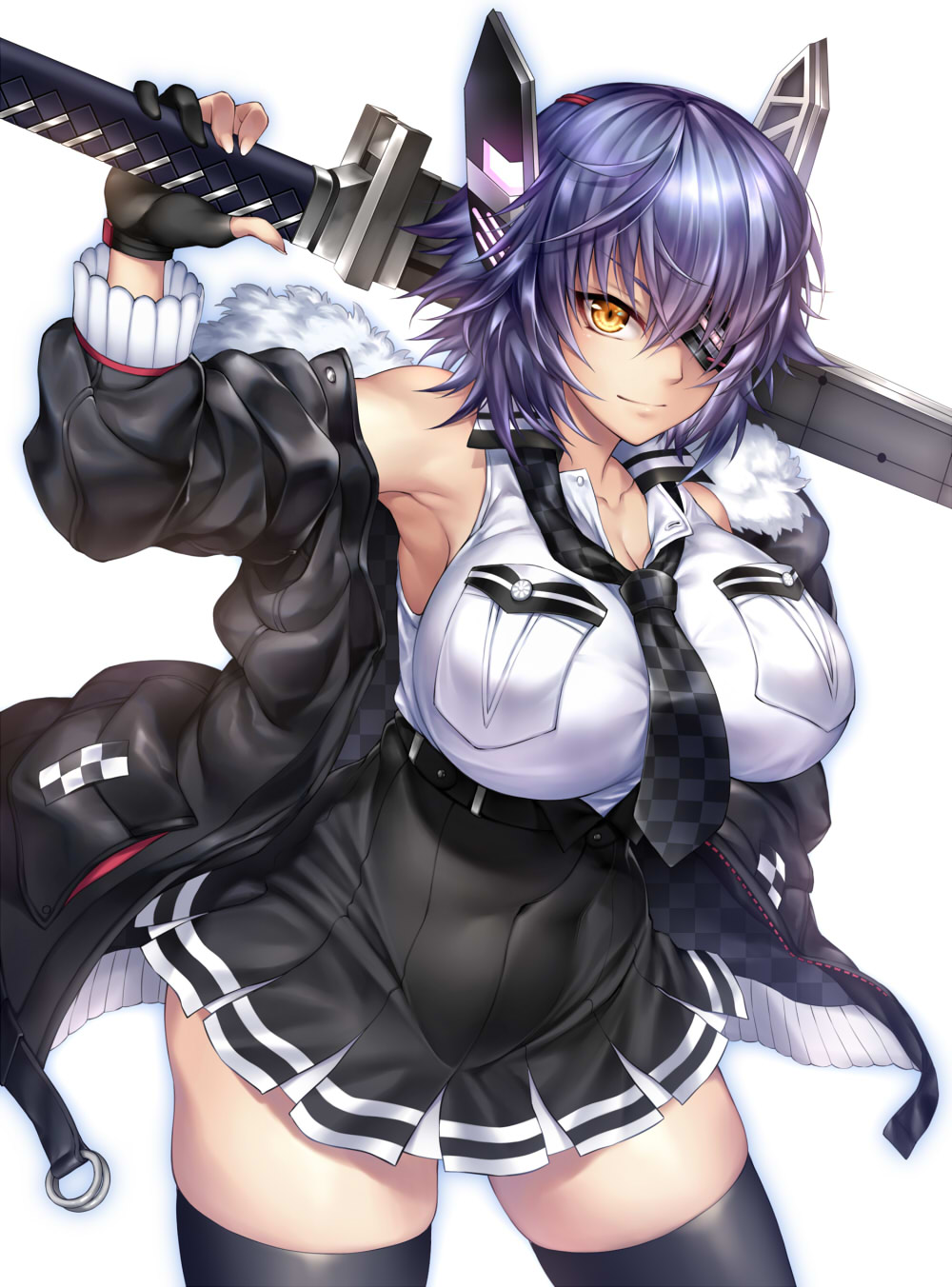 1girl bird black_gloves black_jacket black_legwear black_skirt breasts checkered checkered_neckwear cowboy_shot eyepatch fur-trimmed_jacket fur_trim gloves headgear high-waist_skirt highres holding holding_sword holding_weapon jacket kantai_collection long_sleeves looking_at_viewer nasaniliu necktie off_shoulder open_clothes open_jacket open_mouth over_shoulder partly_fingerless_gloves pleated_skirt purple_hair remodel_(kantai_collection) shirt short_hair skindentation skirt sky sleeveless sleeveless_shirt sword tenryuu_(kantai_collection) thigh-highs thighs water weapon weapon_over_shoulder white_shirt yellow_eyes