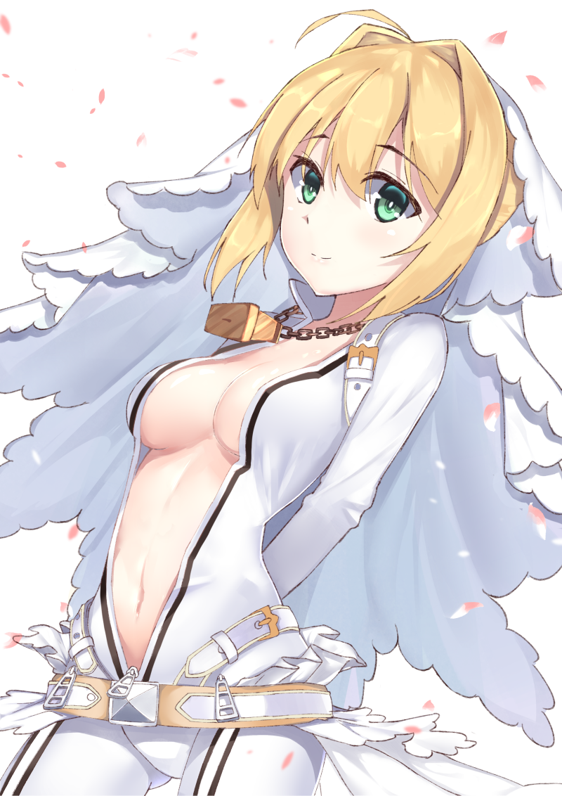 1girl ahoge arm_behind_back belt blonde_hair bodysuit breasts chains cherry_blossoms cleavage cowboy_shot eyebrows_visible_through_hair fate/extra fate/extra_ccc fate_(series) green_eyes hair_between_eyes ilxodidli jewelry medium_breasts midriff navel necklace nero_claudius_(bride)_(fate) nero_claudius_(fate)_(all) partially_unzipped short_hair_with_long_locks sidelocks simple_background solo stomach white_background white_bodysuit