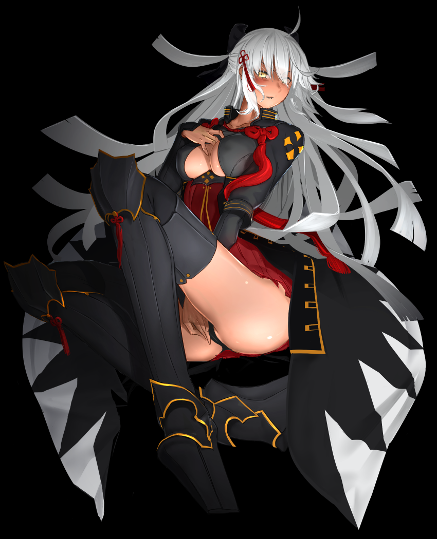 1girl ass black_background breasts cleavage cleavage_cutout dark_skin fate/grand_order fate_(series) hand_on_own_chest i-pan long_hair looking_at_viewer okita_souji_alter_(fate) platform_footwear shin_guards simple_background thigh-highs very_long_hair white_hair yellow_eyes