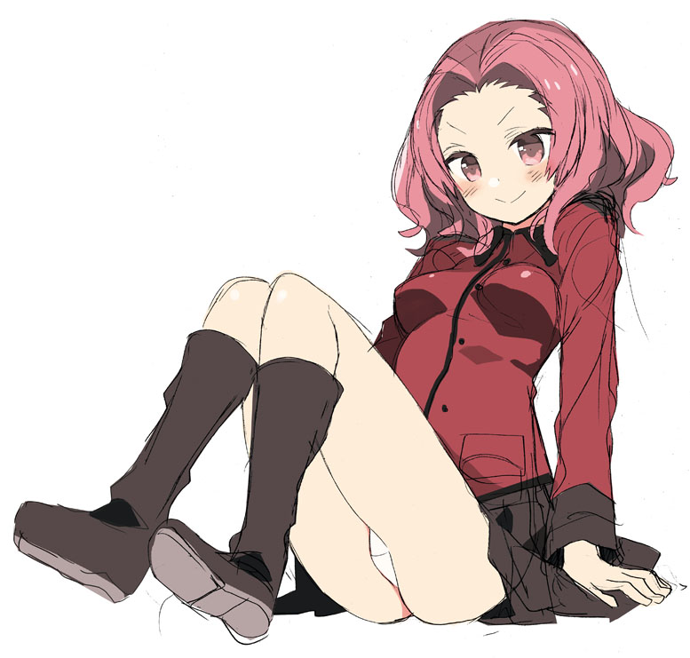 1girl araki_kanao arm_support black_footwear black_skirt boots closed_mouth epaulettes full_body girls_und_panzer jacket legs long_sleeves looking_at_viewer military military_uniform miniskirt pink_eyes pleated_skirt red_jacket redhead rosehip short_hair simple_background sketch skirt smile solo st._gloriana's_military_uniform standing uniform v-shaped_eyebrows white_background