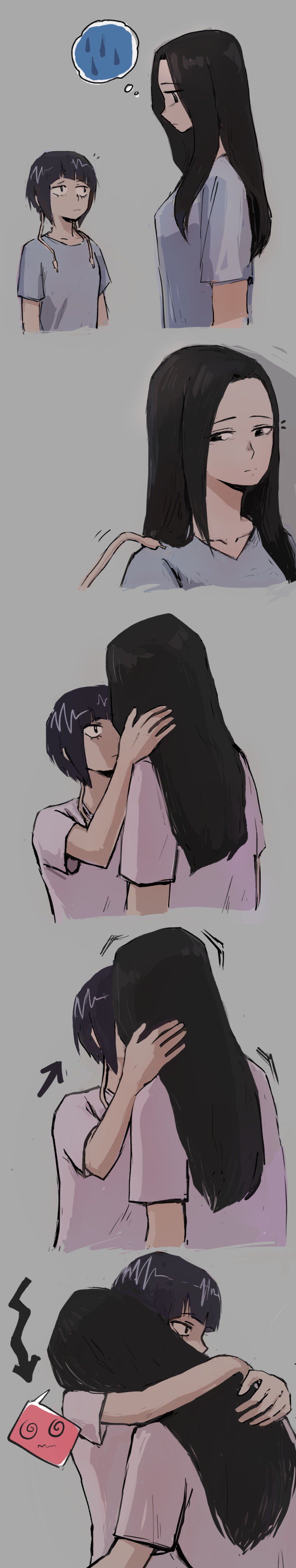 2girls @_@ absurdres bangs black_hair boku_no_hero_academia comic commentary_request directional_arrow earlobes grey_background hair_down highres hug jirou_kyouka kiss korean_commentary long_hair long_image looking_at_another multiple_girls purple_hair shirt short_hair short_sleeves silent_comic t-shirt tall_image thought_bubble vvvmung water_drop white_shirt yaoyorozu_momo yuri